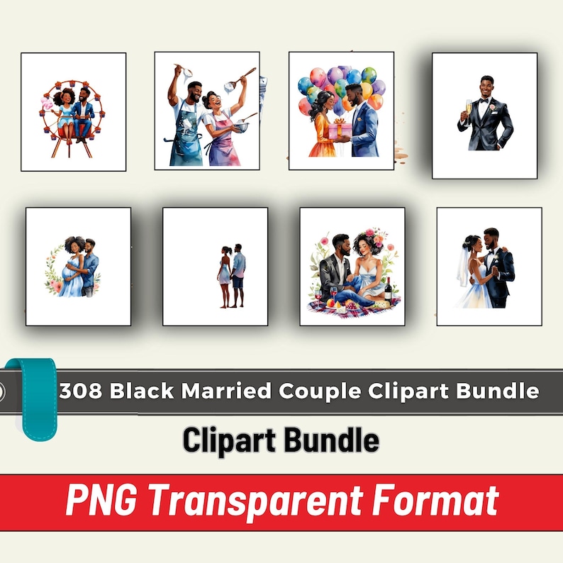 Black Bride and Black Groom Watercolor Clipart, African American Couple ...