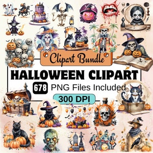 Halloween Clipart, Watercolor Halloween Clipart PNG Bundle, 678 PNG Cute Halloween Clipart Bundle, Instant Digital Download, commercial use
