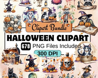 Halloween Clipart, Watercolor Halloween Clipart PNG Bundle, 678 PNG Cute Halloween Clipart Bundle, Instant Digital Download, commercial use