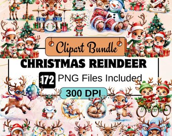 172 imágenes prediseñadas de renos navideños, paquete de imágenes prediseñadas navideñas PNG, renos adorables y peculiares, gráficos de renos, animales navideños, imágenes prediseñadas de Rodolfo, Navidad