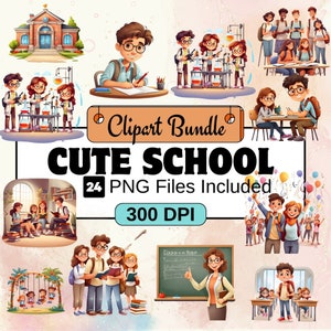 Clipart école mignonne, école Clipart PNG Bundle, 24 PNG mignon école Clipart Bundle, téléchargement numérique instantané, usage Commercial