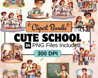 Clipart fofo de escola, pacote de clipart escolar PNG, pacote de clipart fofo de escola com 24 PNG, download digital instantâneo, uso comercial