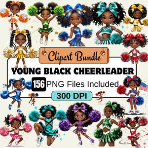 157 jonge zwarte cheerleader clipart, meisjes cheerleader clipart bundel, zwarte cheerleader pom pom clipart, afro cheerleader png, cheerleader kinderen