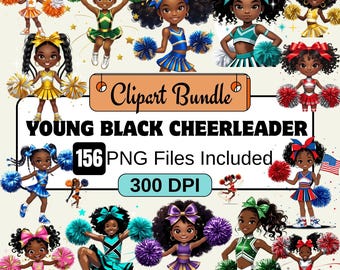 157 Young Black Cheerleader Clipart,Girls Cheerleader Clipart Bundle,Black Cheerleader Pom Pom Clipart,Afro Cheerleader PNG,cheerleader kids