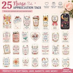 Pode incluir: Uma coleção de 25 etiquetas de agradecimento para enfermeiros, retangulares e em forma de coração, com ilustrações florais e frases como Nurse Life, Night Shift Superstar e Pocket Full of Miracles para decorar presentes.