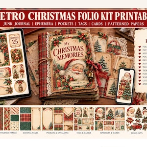 May include: A printable Christmas folio kit featuring a junk journal with a Santa Claus cover, ephemera, pockets, tags, cards, and patterned papers. The kit includes 20 pages of holiday-themed designs, including North Pole Express labels and December 25 tags, available as an instant download in US letter size.
