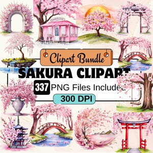Sakura Clipart, Kirschblüten Aquarell Clipart Bundle, 327 PNG Sakura Blumenbilder, japanische Blumengrafiken, sofortiger digitaler Download,