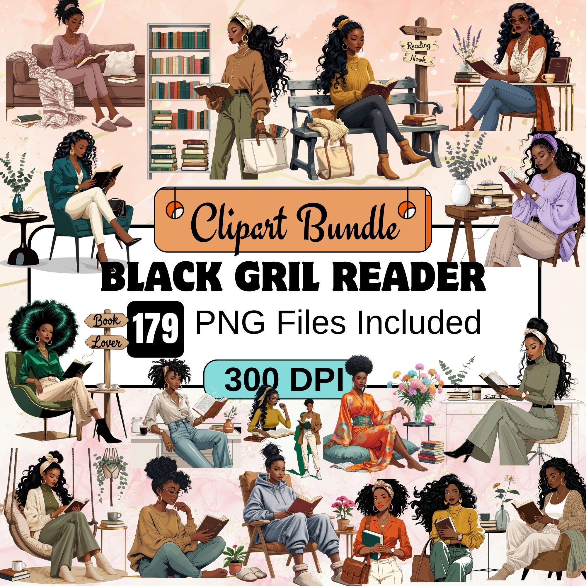 179Black Girls Reading Clipart,Book Lover Clipart PNG Bundle,Girls with coffee,black woman  reading, black girl png