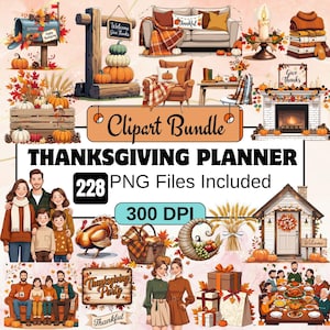 228Thanksgiving dagboek clipart, aquarel Thanksgiving clipart png bundel, dankbare feestelijke beelden, herfstplanner, vakantieplanner, dagboek