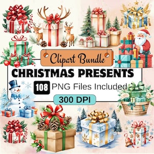 Imágenes prediseñadas de regalos de Navidad, paquete PNG de imágenes prediseñadas de Navidad, paquete de imágenes prediseñadas de regalos de Navidad de 108 PNG, descarga digital instantánea, uso comercial