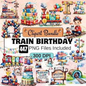 447 Zug Geburtstag Clipart Bundle-Set, Geburtstag PNG, Aquarell Junge Bday, Geburtstagsparty Clipart, Zug Geburtstag Bundle, Kuchen Clipart, Ballon