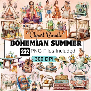 Bundle de cliparts bohèmes d'été fille d'été bohème Clipart PNG, aquarelle plage bohème, clipart fête bohème, ambiance estivale png, planificateur bohème, journal