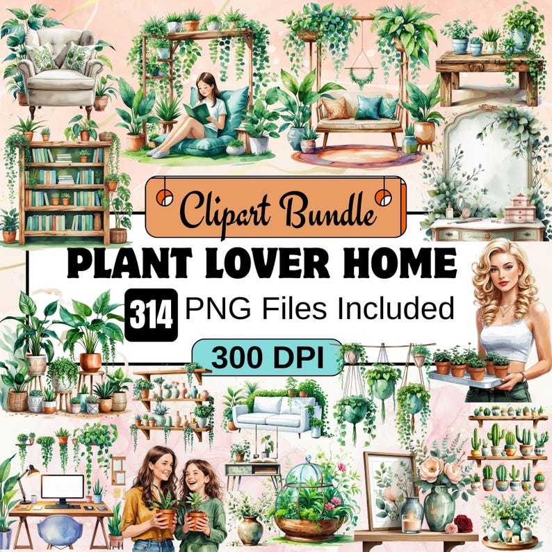 greenery clipart, cozy home clipart, plant aesthetic clipart, boho plant clipart, botanical clipart, potted plant clipart, succulent clipart, monstera clipart, fiddle leaf fig clipart,
