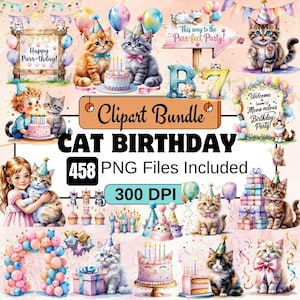 314 Cat Birthday Clipart,kitten birthday PNG, Party kittens, cute cat birthday graphics, feline celebration clipart, cartoon cat birthday