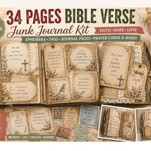 May include: A 34-page Bible verse junk journal kit featuring printable ephemera, tags, and journal pages with vintage floral designs and religious text. Includes prayer cards, a pair of metal scissors, and examples of assembled journals.