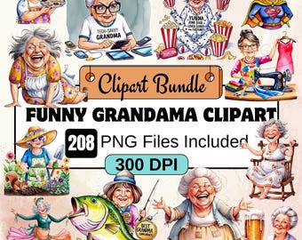 Fuuny Grandma Clipart, Grandparents Clipart PNG Bundle, 216 PNG Fuuny Grandma Clipart Bundle, Instant Digital Download, Commercial Use