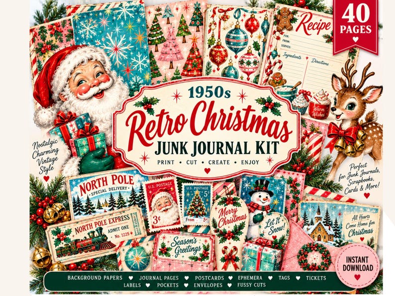 Vintage Christmas Junk Journal Kit, Printable Christmas Ephemera ...
