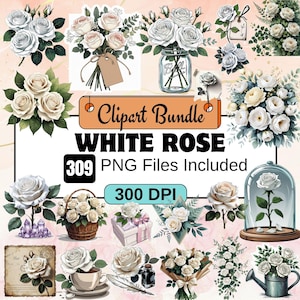 309 White rose Clipart,watercolor rose PNG Bundle,white borders,wedding flowers png,rose set,white rose bouquet,white wedding flowers png