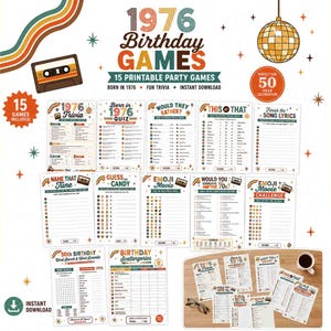 May include: A collection of 15 printable 1976 birthday party games featuring retro-style graphics, including a cassette tape, disco ball, and rainbow arches. The set includes trivia, quizzes, word searches, and emoji challenges with text in English.