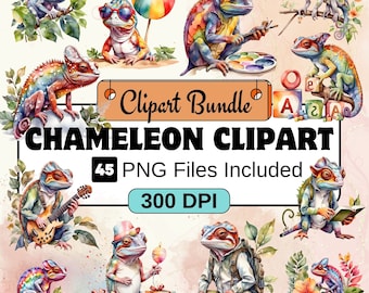 Chameleon Clipart, Animal Clipart PNG Bundle, 44 PNG Chameleon Clipart Bundle, Instant Digital Download, Commercial Use