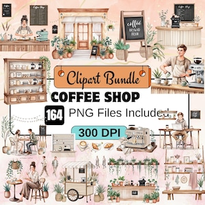 May include: Watercolor clipart bundle featuring coffee shop illustrations. Includes images of coffee shop exteriors, baristas, coffee machines, tables, and various coffee-related items. The text "Clipart Bundle COFFEE SHOP" is displayed.