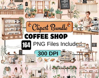 164 Coffee Shop Clipart, Watercolor Barista PNG Bundle,Café Aesthetic png,cafe barista clipart,watercolor coffee,coffee lovers png,cafe shop