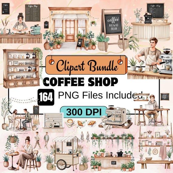 164 Coffee Shop Clipart, Watercolor Barista PNG Bundle,Café Aesthetic png,cafe barista clipart,watercolor coffee,coffee lovers png,cafe shop