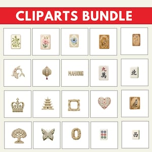 Op de afbeelding: Een digitaal cliparts-pakket met een raster van twintig individuele illustraties, waaronder botanische kaarten, een koi-vis, een lantaarn, het woord MAHJONG, mahjongtegels, een kroon, een pagode, een kader, een hart, een boom, een vlinder en het cijfer nul.