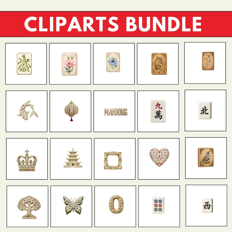 Op de afbeelding: Een digitaal cliparts-pakket met een raster van twintig individuele illustraties, waaronder botanische kaarten, een koi-vis, een lantaarn, het woord MAHJONG, mahjongtegels, een kroon, een pagode, een kader, een hart, een boom, een vlinder en het cijfer nul.