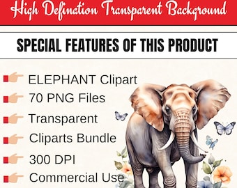 Elefant Clipart, djur Clipart PNG-paket, 70 PNG elefant Clipart-paket, omedelbar digital nedladdning, kommersiellt bruk