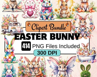 May include: A digital clipart bundle of 414 Easter bunny illustrations in PNG format. The images feature bunnies in various poses and outfits, including a bunny wearing a polka dot dress, a bunny holding a heart, and a bunny with wings. The images are perfect for creating Easter crafts, cards, and decorations.