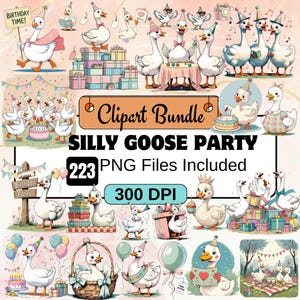 223Silly Goose Party Clipart,Watercolor Goose,Cute geese Clipart PNG Bundle,Birthday Party Baby Shower,One Silly Goose,goose png,goose bday