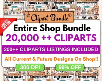 Pacote completo de cliparts para toda a loja, mais de 20.000 imagens PNG, acesso vitalício ilimitado à loja, todos os designs atuais e futuros, uso comercial.