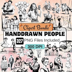 May include: A set of 327 hand-drawn people clipart images in black and white. The images are in PNG format and are 300 DPI. The images include people of different ages, genders, and ethnicities. The images are perfect for use in a variety of projects, such as websites, social media, and printed materials.