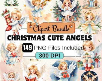 Imágenes prediseñadas de ángeles navideños, paquete de imágenes PNG de ángeles navideños, paquete de 149 imágenes PNG de ángeles navideños, descarga digital instantánea, uso comercial