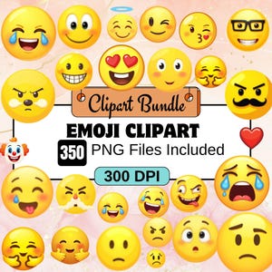 May include: A collection of yellow emoji clipart with various expressions, including laughing, crying, and angry faces. The image includes the text "Emoji Clipart" and "350 PNG Files Included."