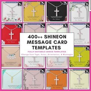400++ Shineon メッセージ カード テンプレート バンドル、Canva で編集可能な ShineOn ジュエリー カスタム ネックレス Shineon デザイン オンデマンド印刷 POD ビジネス用
