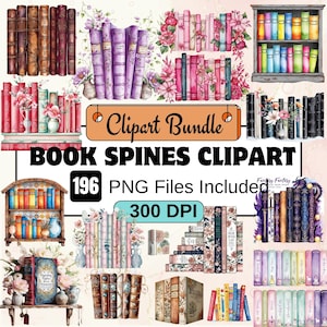 Conjunto de bordes de libros en acuarela (PNG), descarga digital, lomos de libros (PNG), libros vintage, fantasía, imágenes prediseñadas, manualidades digitales con papel.
