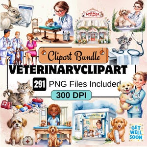 Paquete de imágenes prediseñadas de acuarela veterinaria, paquete de imágenes prediseñadas PNG de medicina veterinaria, 291 PNG de atención médica de animales, descarga digital instantánea