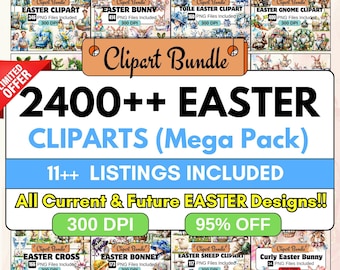 May include: A digital clipart bundle with an Easter theme. The image features multiple clipart sets, including Easter bunnies, gnomes, and crosses. Text on the image reads "2400++ EASTER CLIPARTS (Mega Pack)" and "95% OFF".