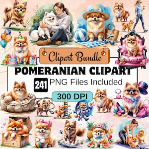 241 Pomeranian Clipart, Clipart rasy psa, akwarela słodki piesZwierzę domowe Clipart, Zestaw akwareli Zwierzęta Clipart, Coquette Dog Sublimation Design