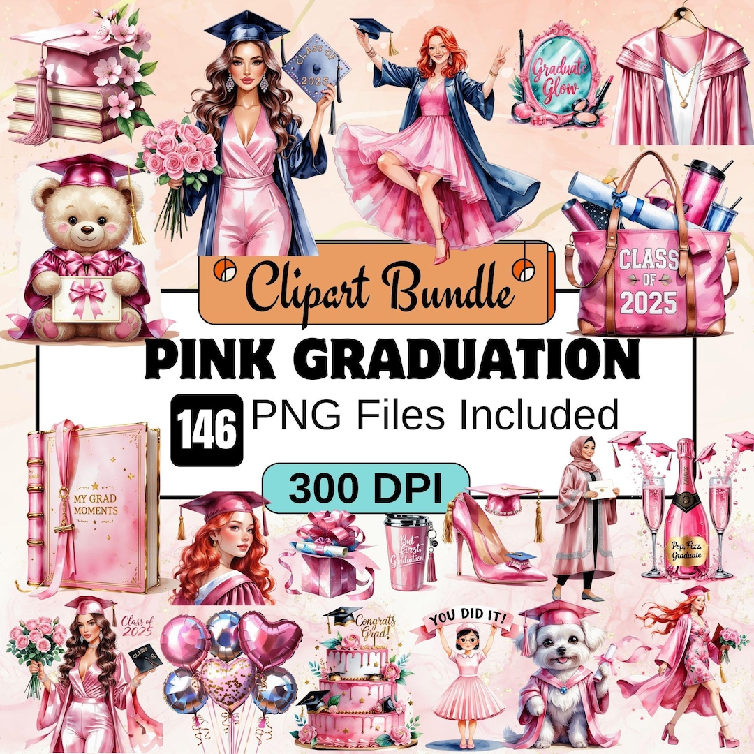 146 Pink Graduation Clipart,graduation Clipart PNG Bundle,fashion ...