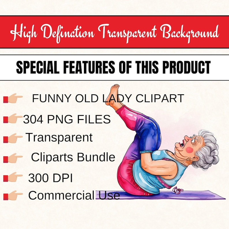 May include: A digital illustration of a funny old lady doing yoga. The image is part of a clipart bundle that includes 304 PNG files, all with transparent backgrounds. The files are 300 DPI and can be used for commercial purposes.
