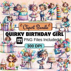 121 anniversaire original fille Clipart Bundle PNG, aquarelle anniversaire original PNG, QuirkyParty Clipart, fille décalée, garçon original, anniversaire lunatique