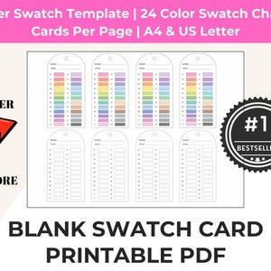 May include: A marker swatch template printable PDF featuring eight tag-shaped cards. The top four cards display 24 colorful rectangular swatches each, while the bottom four cards are blank. Text includes Marker Swatch Template, 24 Color Swatch Chart, 4 Cards Per Page, A4 & US Letter, After, Before, and #1 Bestseller.