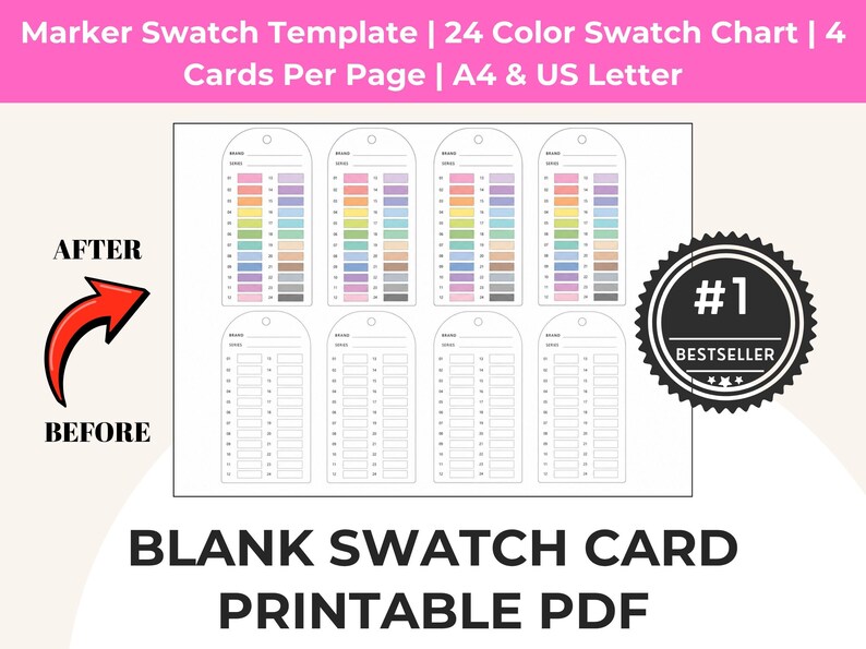 May include: A marker swatch template printable PDF featuring eight tag-shaped cards. The top four cards display 24 colorful rectangular swatches each, while the bottom four cards are blank. Text includes Marker Swatch Template, 24 Color Swatch Chart, 4 Cards Per Page, A4 & US Letter, After, Before, and #1 Bestseller.