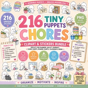 Może przedstawiać: Cyfrowy zestaw clipartów i naklejek zatytułowany 216 Tiny Puppets Chores, zawierający liczne ilustracje małych białych postaci wykonujących różne prace domowe, takie jak sprzątanie, pranie, gotowanie i organizowanie przestrzeni.
