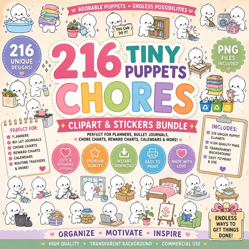 May include: A digital clipart and sticker bundle titled 216 Tiny Puppets Chores featuring numerous illustrations of small white characters performing various household tasks like cleaning, laundry, cooking, and organizing, presented in a colorful layout.
