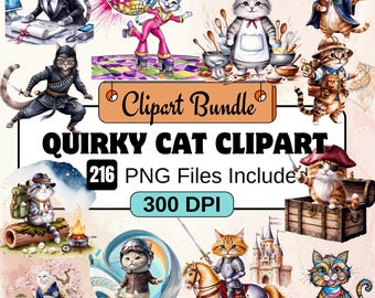 Quirky Cat Clipart, Watercolor Cute Cats Clipart PNG Bundle, 305 PNG Watercolor Quirky Cats Clipart Bundle, Instant Digital Download