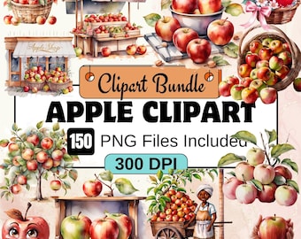 Puede incluir: Un paquete de clipart de acuarela de 150 imágenes de manzanas. El paquete incluye manzanas rojas, verdes y amarillas en varios arreglos, incluyendo un puesto de frutas, una cesta y un árbol. El texto "Clipart Bundle Apple Clipart 150 PNG Files Included 300 DPI" se muestra en la imagen.